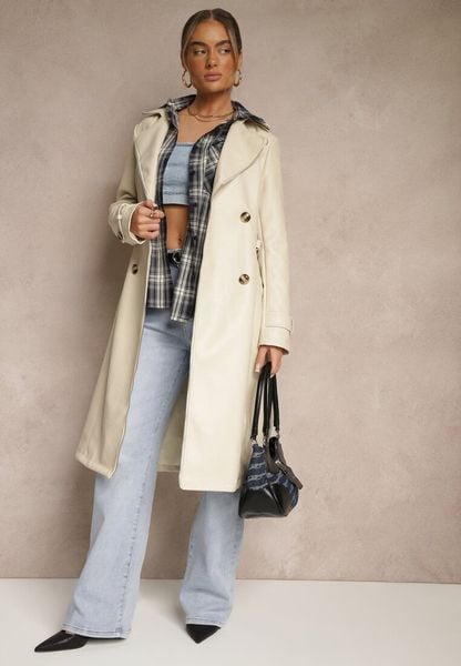 Beżowy Płaszcz Trencz z Ekoskóry o Dwurzędowym Kroju z Paskiem Nilianis. Brązowe płaszcze damskie Renee, l, bez wzorów, z bawełny, bez kaptura. Za 189.99 zł.