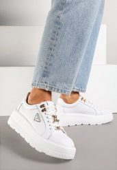 Białe Sneakersy na Grubej Podeszwie ze Skóry Naturalnej z Trójkątną Ozdobą Dollassea. Białe obuwie sportowe damskie Born2be, z jeansu, bez zapięcia. Za 199.99 zł.