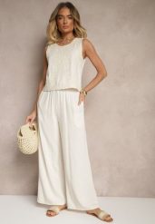 Jasnobeżowe Spodnie Palazzo o Szerokim Kroju High Waist Ozdobione Wiązaniem Sonariella. Brązowe spodnie materiałowe damskie Renee, bez wzorów, z jeansu. Za 59.99 zł.