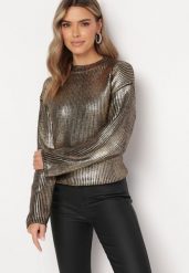 Czarno-Złoty Połyskujący Sweter Zerinna. Czarne swetry klasyczne damskie Born2be, m, z dzianiny, bez kołnierzyka. Za 129.99 zł.