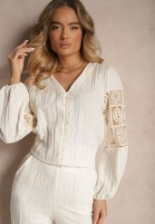 Beżowa Koszula z Bawełny z Koronką i Haftowanymi Zdobieniami Galedia. Brązowe koszule damskie Renee, l, z aplikacjami, z bawełny, eleganckie, bez kołnierzyka, bez ramiączek. Za 89.99 zł.