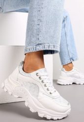 Białe Sneakersy z Metaliczną Nitką na Grubej Podeszwie Melimeda. Białe obuwie sportowe damskie Renee, bez zapięcia. Za 74.99 zł.