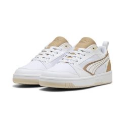 Sneakersy unisex Rebound v6 Low Aqua Metallics PUMA White Gold Alpine Snow. Białe obuwie sportowe casual damskie Puma, bez zapięcia. W wyprzedaży za 219.00 zł.