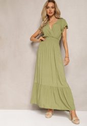 Zielona Rozkloszowana Sukienka Maxi z Bawełny o Kopertowym Kroju Asmerie. Zielone sukienki damskie Renee, bez wzorów, z bawełny, bez ramiączek. W wyprzedaży za 47.99 zł.