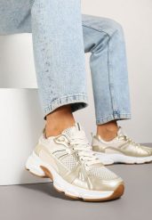 Beżowe Sneakersy w Streetwearowym Stylu z Siateczkowymi Zdobieniami Dorelline. Brązowe obuwie sportowe damskie Born2be, z jeansu, bez zapięcia. Za 84.99 zł.