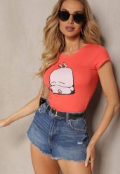 Pomarańczowy T-shirt z Bawełny z Ozdobnym Nadrukiem Janesto. Brązowe t-shirty damskie Renee, m, bez wzorów, z bawełny, bez kołnierzyka. Za 39.99 zł.