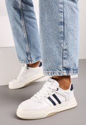 Biało-Niebieskie Płaskie Sneakersy Wykończone Paskami Walleria. Białe obuwie sportowe damskie Renee, z bawełny, bez zapięcia. Za 89.99 zł.