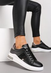 Czarne Sneakersy z Imitacji Skóry z Metalicznym Akcentem i Cyrkoniami Evadine. Czarne obuwie sportowe damskie Renee, ze skóry, bez zapięcia. Za 69.99 zł.