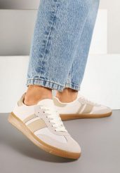 Beżowe Sneakersy Tenisówki z Ozdobnymi Paskami Nelidi. Brązowe obuwie sportowe damskie Born2be, z jeansu, bez zapięcia, tenisowe. Za 74.99 zł.