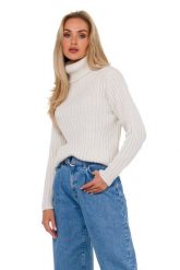 Sweter z Golfem o Prążkowanym Splocie - Kość słoniowa. Białe golfy damskie MOE, l, z materiału, bez kołnierzyka. Za 220.90 zł.