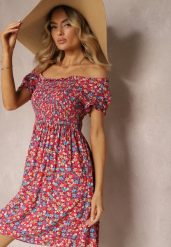 Różowa Hiszpanka Sukienka z Wiskozy w Kwiatowy Wzór z Gumką w Pasie Silemia. Czerwone sukienki damskie Renee, bez wzorów, z wiskozy, eleganckie, bez ramiączek. W wyprzedaży za 38.49 zł.