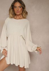 Jasnobeżowa Rozkloszowana Sukienka z Gumką w Talii i przy Mankietach Tesunela. Brązowe sukienki damskie Renee, bez wzorów, eleganckie, bez ramiączek. W wyprzedaży za 63.99 zł.