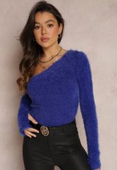 Granatowy Sweter na Jedno Ramię Pholy. Niebieskie swetry klasyczne damskie Renee, z asymetrycznym kołnierzem. Za 119.99 zł.