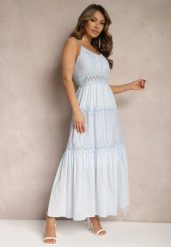 Jasnoniebieska Sukienka Maxi na Cienkich Ramiączkach z Ażurową Wstawką w Talii Grania. Niebieskie sukienki damskie Renee, w ażurowe wzory, z bawełny, bez ramiączek. W wyprzedaży za 175.99 zł.
