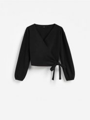 Bluza z wiązaniem - czarny. Czarne bluzy damskie Reserved, l, bez wzorów, z dzianiny, bez kaptura. Za 99.99 zł.