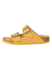 Birkenstock Skórzane klapki w kolorze żółtym rozmiar: 40. Żółte klapki damskie Birkenstock, bez wzorów, z otwartym noskiem, bez obcasa, bez zapięcia. Za 564.95 zł.
