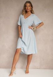 Jasnoniebieska Rozkloszowana Sukienka z Bawełnianej Tkaniny Lirioneae. Niebieskie sukienki damskie Renee, bez wzorów, z bawełny, eleganckie, bez ramiączek. W wyprzedaży za 55.99 zł.