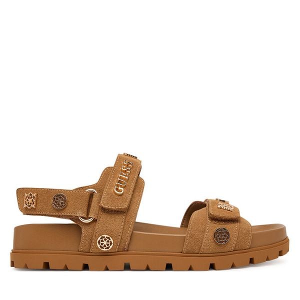 Sandały Guess. Brązowe sandały damskie Guess, z aplikacjami, bez obcasa, na płaskiej podeszwie, bez zapięcia. Za 549.99 zł.