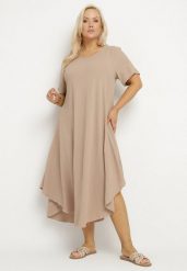 Ciemnobeżowa Rozkloszowana Sukienka z Bawełną Elzedia. Brązowe sukienki damskie Born2be, bez wzorów, z bawełny, eleganckie, bez ramiączek. Za 99.99 zł.