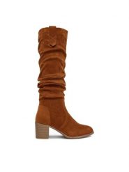 DeeZee Kozaki HX24012-1 Brązowy. Brązowe kozaki damskie DeeZee, z materiału, bez obcasa, na słupku, bez zapięcia. Za 199.99 zł.