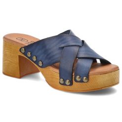 Klapki damskie HEE, ze skóry naturalnej licowej na klocku wygodne, niebieskie, 25355. Niebieskie klapki damskie Hee, bez wzorów, z materiału, bez obcasa, na obcasie, bez zapięcia. Za 239.00 zł.