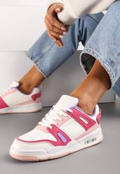 Biało-Różowe Sznurowane Sneakersy z Licznymi Wstawkami z Ekoskóry Gwendias. Białe obuwie sportowe damskie Renee, bez zapięcia, trekkingowe. Za 74.99 zł.