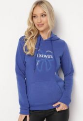 Niebieska Polarowa Bluza z Kapturem i Ściągaczami Ozdobiona Nadrukiem Mleza. Niebieskie bluzy damskie Born2be, l, bez wzorów, z polaru, z kapturem. Za 84.99 zł.