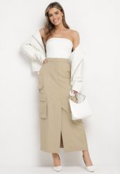 Beżowa Spódnica w Stylu Utility z Kieszeniami i Rozcięciem na Przodzie Temari. Brązowe spódnice damskie Born2be, na co dzień, l, bez wzorów, eleganckie, maxi. Za 139.99 zł.