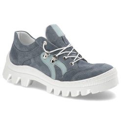 Półbuty damskie Kampa, zamszowa cholewka o miękkiej strukturze sportowe sznurowanie z metalowymi oczkami, niebieskie, N544. Niebieskie obuwie trekkingowe damskie KAMPA, bez wzorów, z zamszu, bez obcasa, bez zapięcia. Za 279.00 zł.