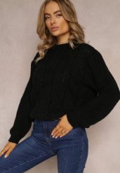 Czarny Sweter o Klasycznym Fasonie z Modnym Splotem Siloma. Czarne swetry klasyczne damskie Renee, m, ze splotem, bez kołnierzyka. Za 69.99 zł.
