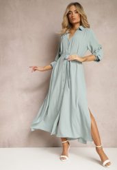 Niebieska Casualowa Sukienka Koszulowa na Guziki z Kieszeniami Jezebel. Niebieskie sukienki damskie Renee, bez wzorów, eleganckie, bez ramiączek. W wyprzedaży za 111.99 zł.