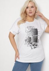Jasnoszary Bawełniany T-shirt z Metalicznym Nadrukiem Farilna. Szare t-shirty damskie Born2be, uniwersalny, bez wzorów, z bawełny, bez kołnierzyka. Za 39.99 zł.