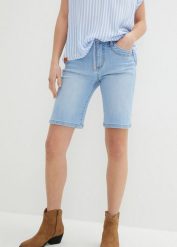 Bermudy dżinsowe Slim Fit mid waist. Niebieskie rurki damskie bonprix, bez wzorów, z jeansu. Za 82.99 zł.