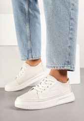 Białe Skórzane Sneakersy z Ozdobną Perforacją na Grubej Podeszwie Elanwena. Białe obuwie sportowe damskie Born2be, z jeansu, bez zapięcia. Za 159.99 zł.