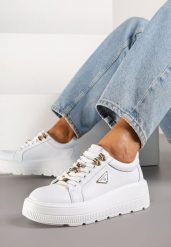 Białe Skórzane Sneakersy na Platformie Ozdobione Aplikacją Doliresa. Białe obuwie sportowe damskie Renee, z jeansu, bez zapięcia. Za 179.99 zł.