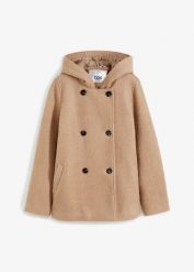 Kurtka bosmanka z miękkiej przędzy boucle. Brązowe kurtki damskie bonprix, bez wzorów, z kapturem. Za 269.99 zł.