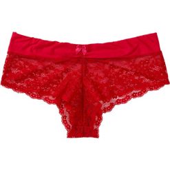 Figi "panty" bonprix czerwony. Czerwone bokserki damskie bonprix, w koronkowe wzory, z koronki. Za 34.99 zł.