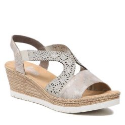 Sandały Rieker. Szare sandały damskie Rieker, bez wzorów, bez obcasa, na koturnie, bez zapięcia. Za 299.99 zł.
