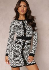 Biała Sukienka Mini ze Sweterkowego Materiału o Geometrycznym Motywie z Dodatkowymi Guzikami Isaela. Białe sukienki damskie Renee, bez wzorów, eleganckie, bez ramiączek. Za 69.99 zł.