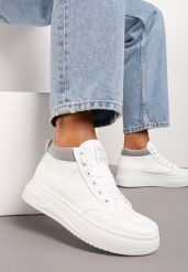 Biało-Szare Sneakersy z Cholewką za Kostkę i Perforacją Alinetapia. Białe obuwie sportowe damskie Renee, z materiału, za kostkę, bez zapięcia. Za 79.99 zł.