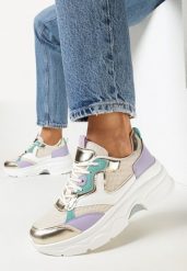 Beżowo-Złote Sneakersy na Grubej Podeszwie z Lakierowanymi Wstawkami Fryda. Brązowe obuwie sportowe damskie Born2be, bez zapięcia. Za 39.99 zł.