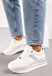 Biało-Srebrne Sneakersy z Ekoskóry z Ozdobnymi Wstawkami i Grubą Podeszwą Amifa. Białe obuwie sportowe damskie Renee, bez zapięcia. Za 99.99 zł.