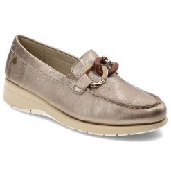 Złote Półbuty Maciejka Eleganckie Mokasyny Damskie. Żółte czółenka damskie Maciejka, z aplikacjami, ze skóry, bez obcasa, na koturnie. Za 279.00 zł.