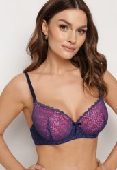 Granatowo-Różowy Biustonosz z Geometrycznym Wzorem o Fasonie Full Cup Noobris. Niebieskie biustonosze Born2be, bez wzorów, z jeansu. Za 19.99 zł.