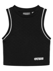 Guess Top J6GI37 KF972 Czarny Slim Fit. Czarne koszulki i t-shirty dziewczęce Guess, z aplikacjami, z syntetyku, bez kołnierzyka, bez ramiączek. Za 154.99 zł.