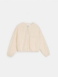 Żakardowa kurtka bomber z haftowanymi kwiatami - kremowy. Białe kurtki damskie Sinsay, l, bez wzorów, z żakardem, bez kaptura. Za 69.99 zł.