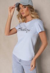 Jasnoniebieski T-shirt z Bawełny z Napisem Zelreti. Niebieskie t-shirty damskie Renee, m, bez wzorów, z bawełny, bez kołnierzyka. Za 39.99 zł.