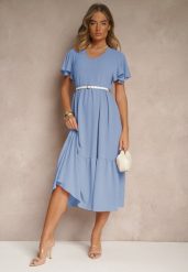 Jasnoniebieska Rozkloszowana Sukienka z Wiskozą w Casualowym Stylu Filarenna. Niebieskie sukienki damskie Renee, bez wzorów, z wiskozy, eleganckie, bez ramiączek. W wyprzedaży za 63.99 zł.