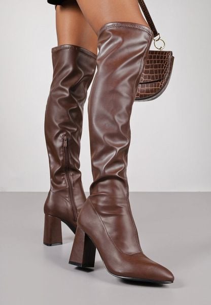 Brązowe Kozaki Vices na Stożkowym Obcasie Lavie. Brązowe kozaki damskie Born2be, z jeansu, bez obcasa, na obcasie, bez zapięcia. Za 149.99 zł.