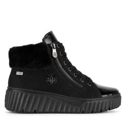 Trzewiki Rieker. Czarne botki damskie Rieker, bez obcasa, na koturnie, bez zapięcia. Za 311.99 zł.